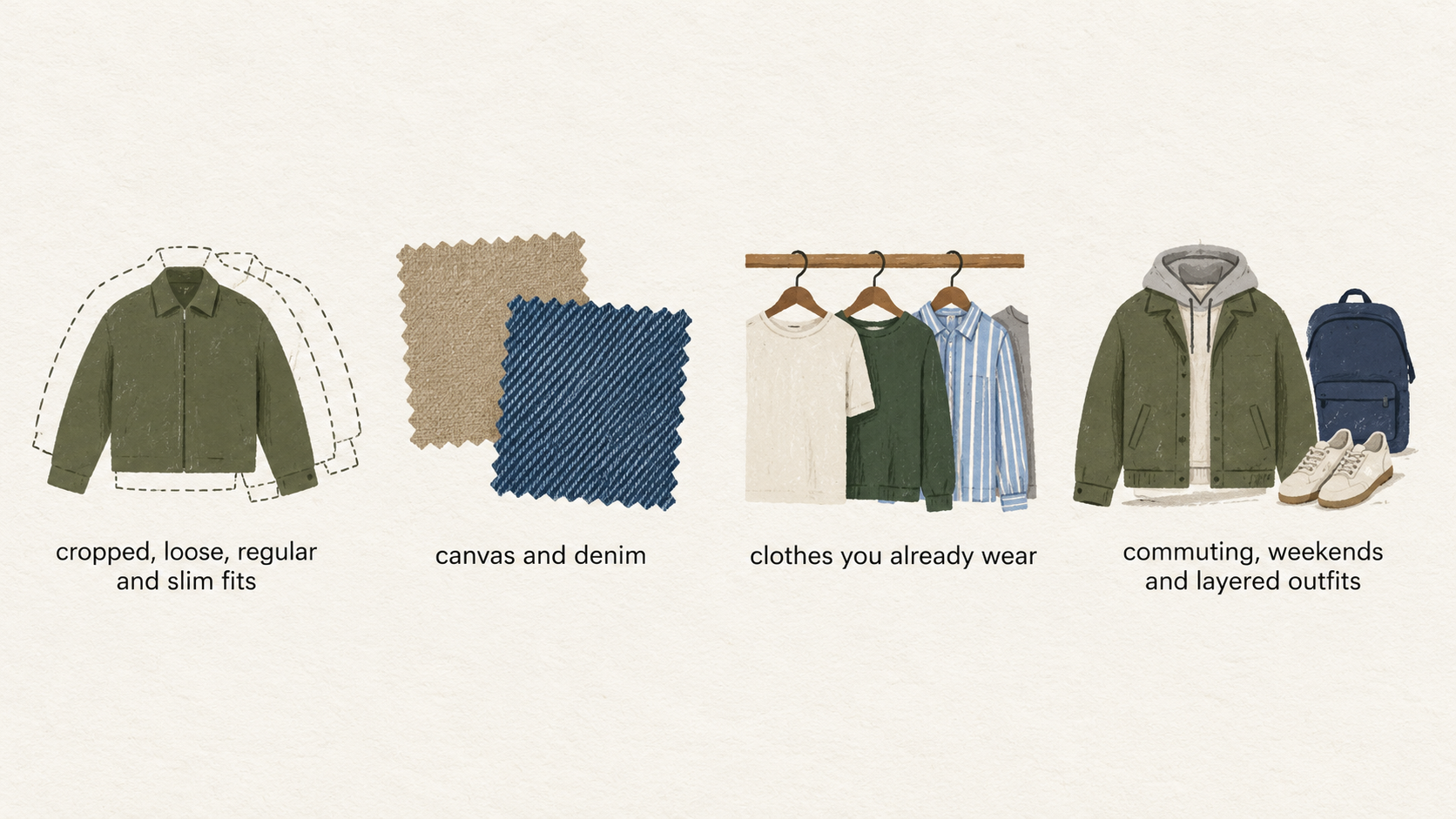 Show a single numbered checklist of the section’s stated shortlist checks: choose the jacket’s role; match shape and fabric to existing clothes; consider fabric character; read