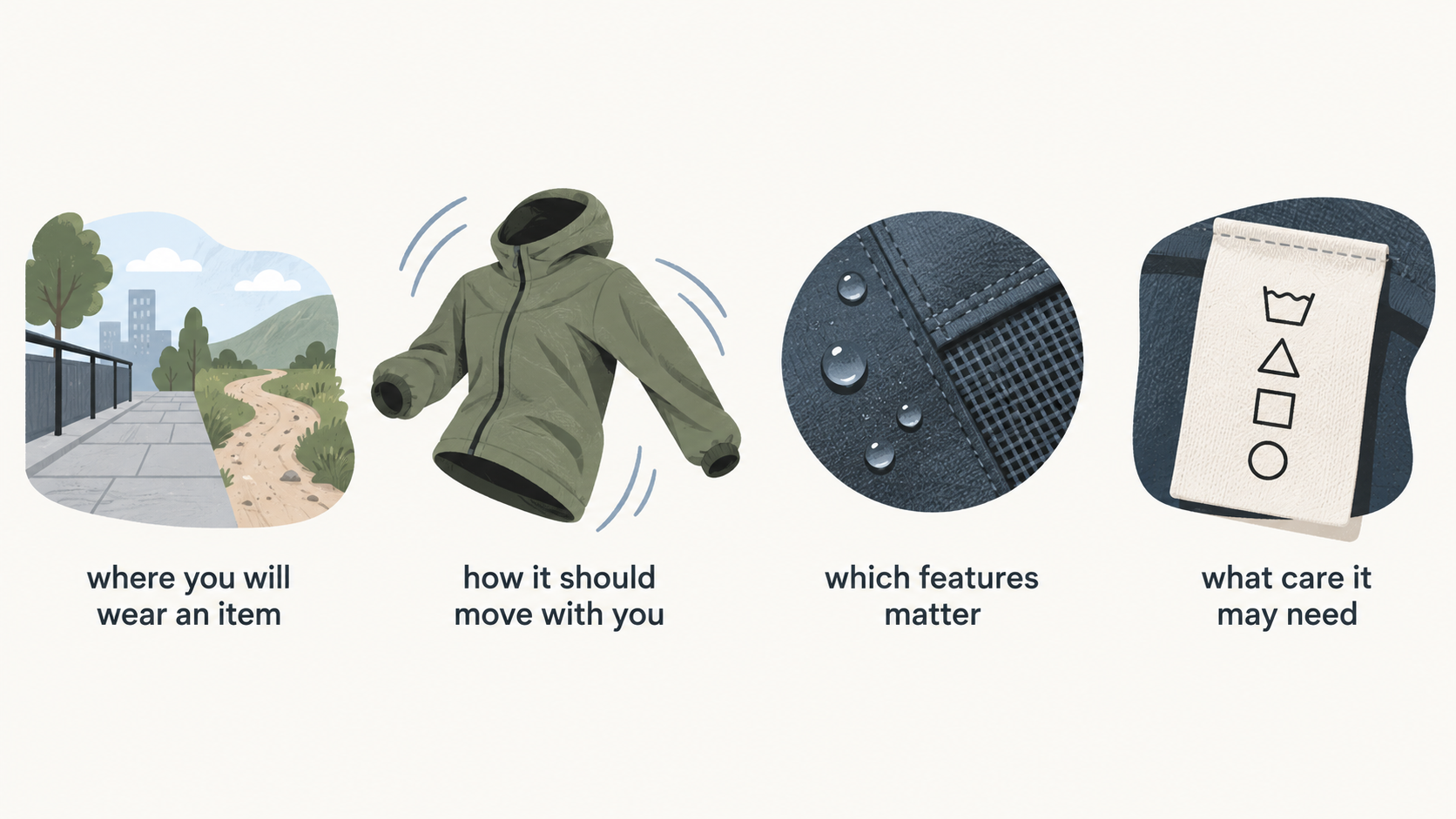 Show one row of four icons labeled “Where you will wear an item,” “How it should move with you,” “Which features matter,” and “What care it may need.”