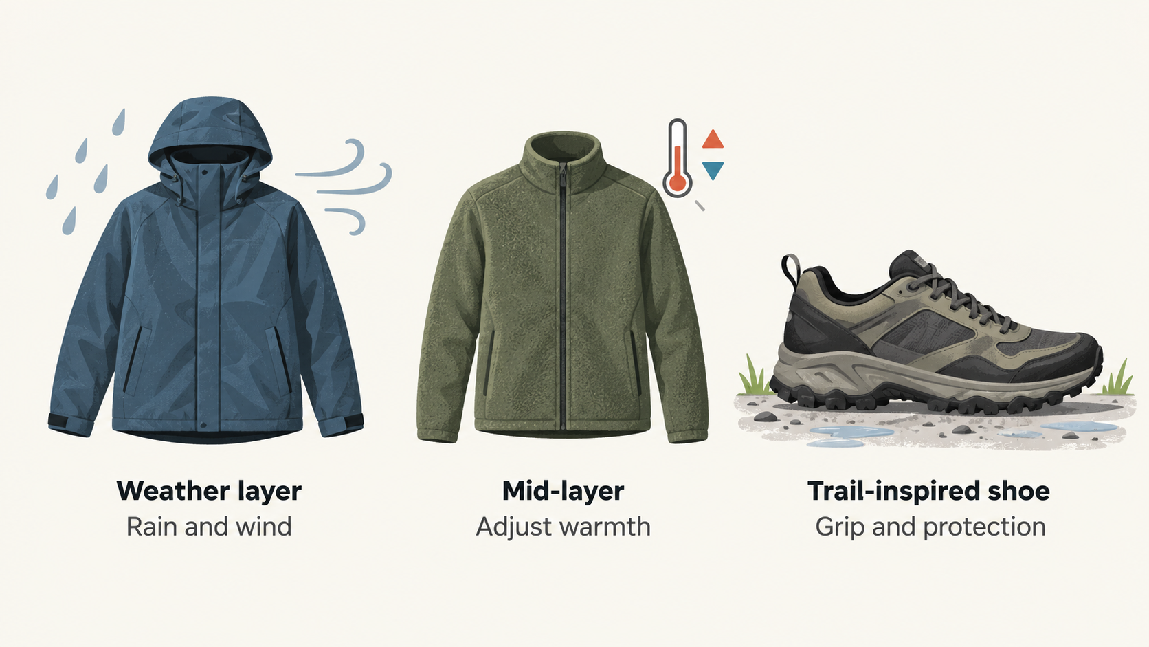 Show the section’s three-part everyday system in one row of three labeled icons: weather layer for rain and wind, mid-layer to adjust warmth, and trail-inspired shoe for grip and