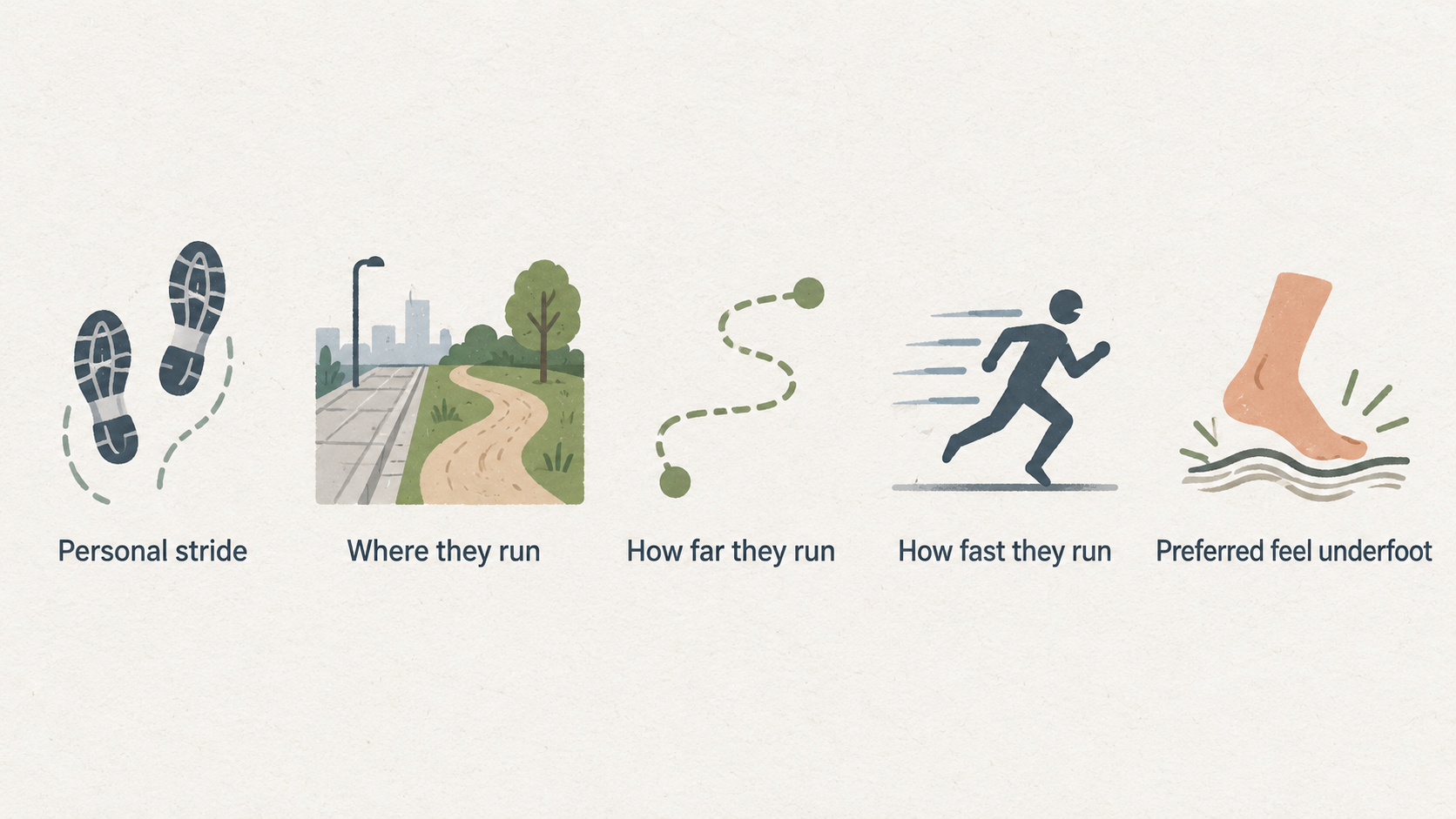 Summarize the section’s five stated running-selection factors in one row of icons with short labels.