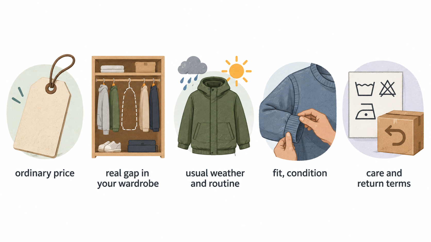 Show one row of four icons labelled “real wardrobe gap,” “usual weather and routine,” “fit and condition,” and “care and return terms.”