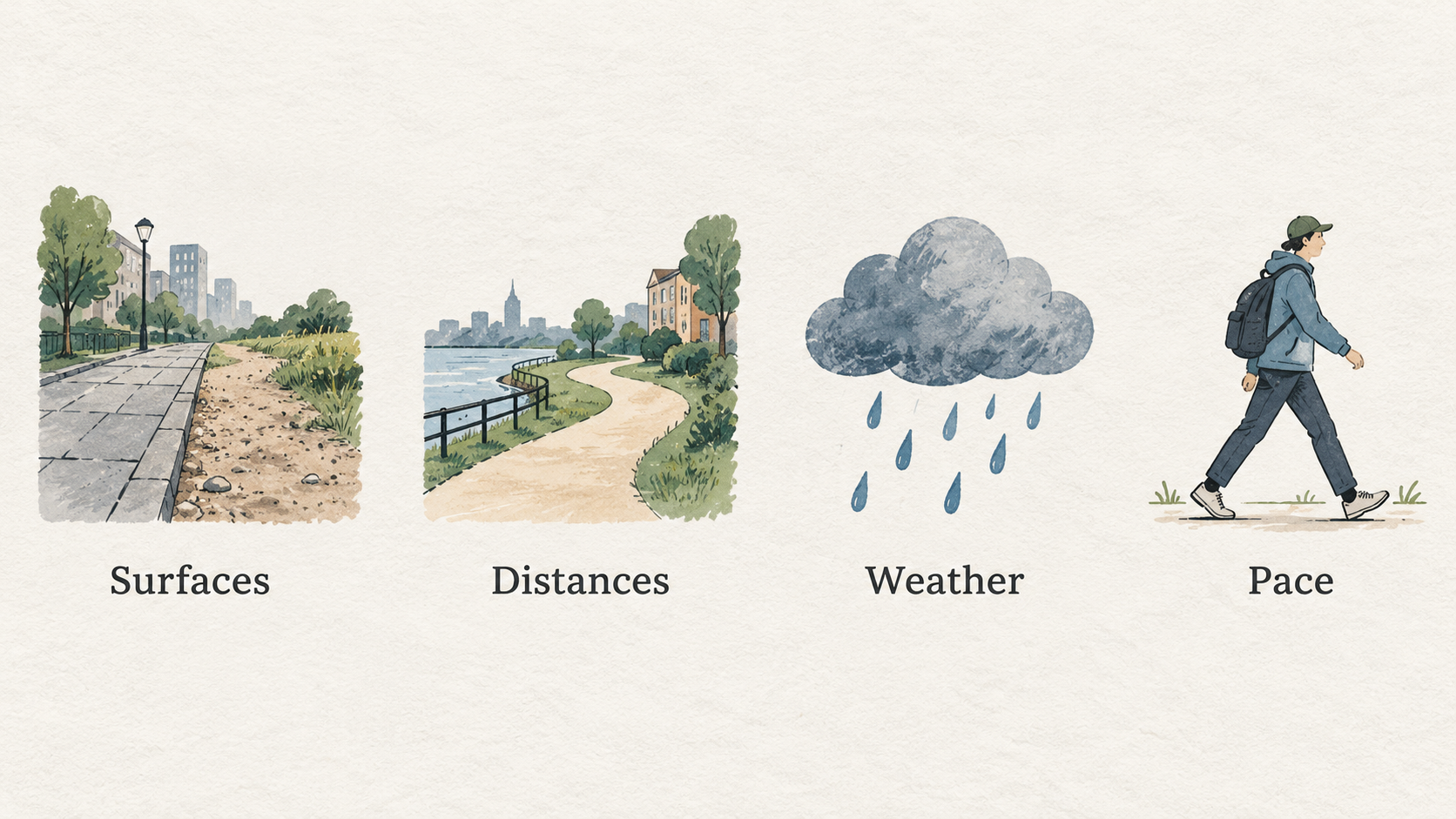 Show one row of four icons labeled “Surfaces,” “Distances,” “Weather,” and “Pace.”