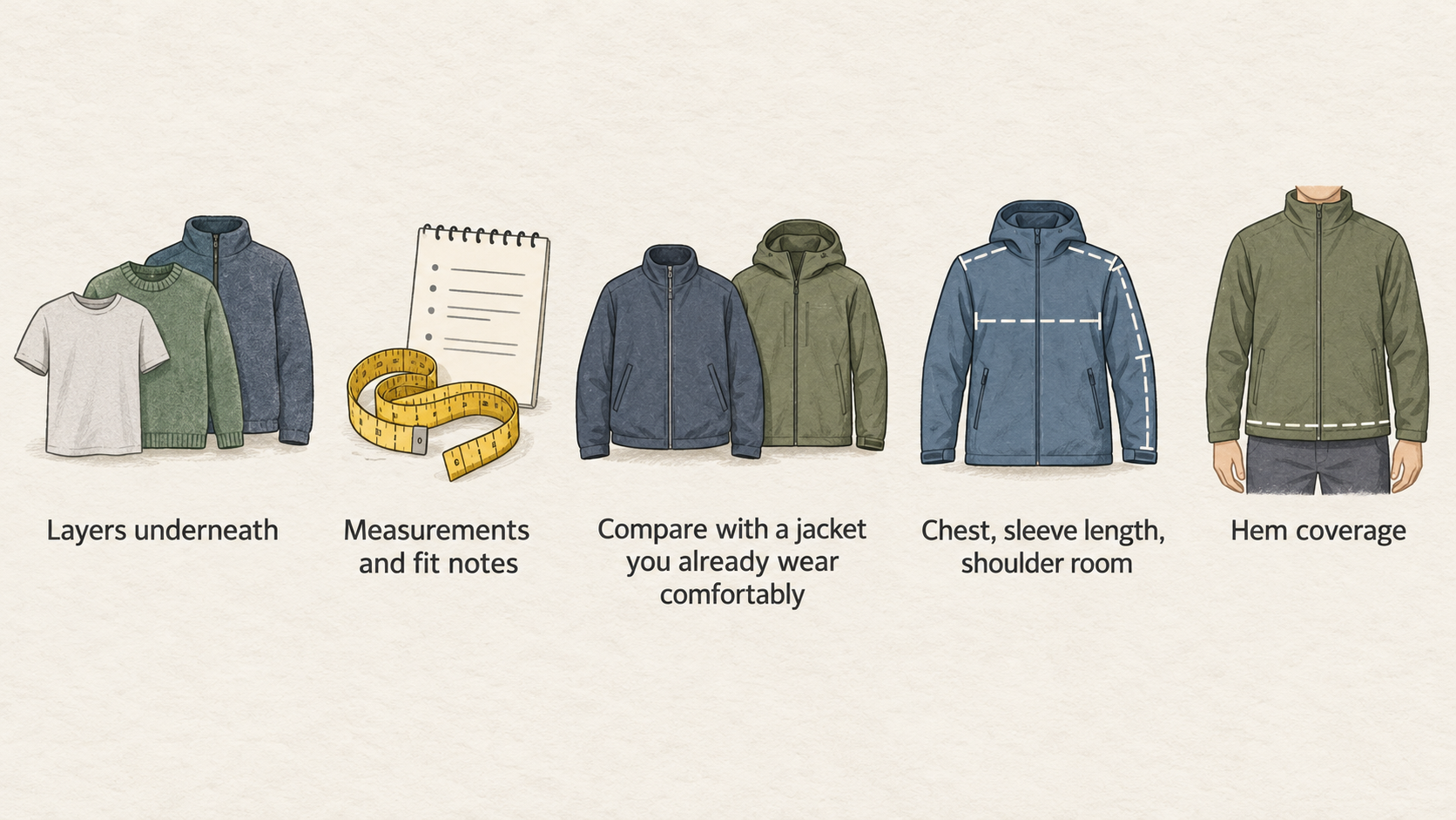 Give readers one numbered checklist of the section's stated fit checks: usual under-layers, comparison with a comfortable jacket, listed measurements, arm movement, and the size