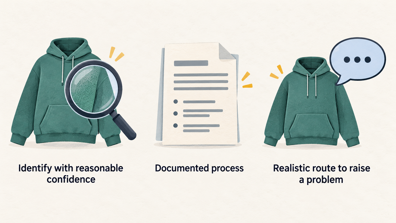 Show one row of three icons labeled “Identify with reasonable confidence,” “Documented process,” and “Realistic route to raise a problem.”