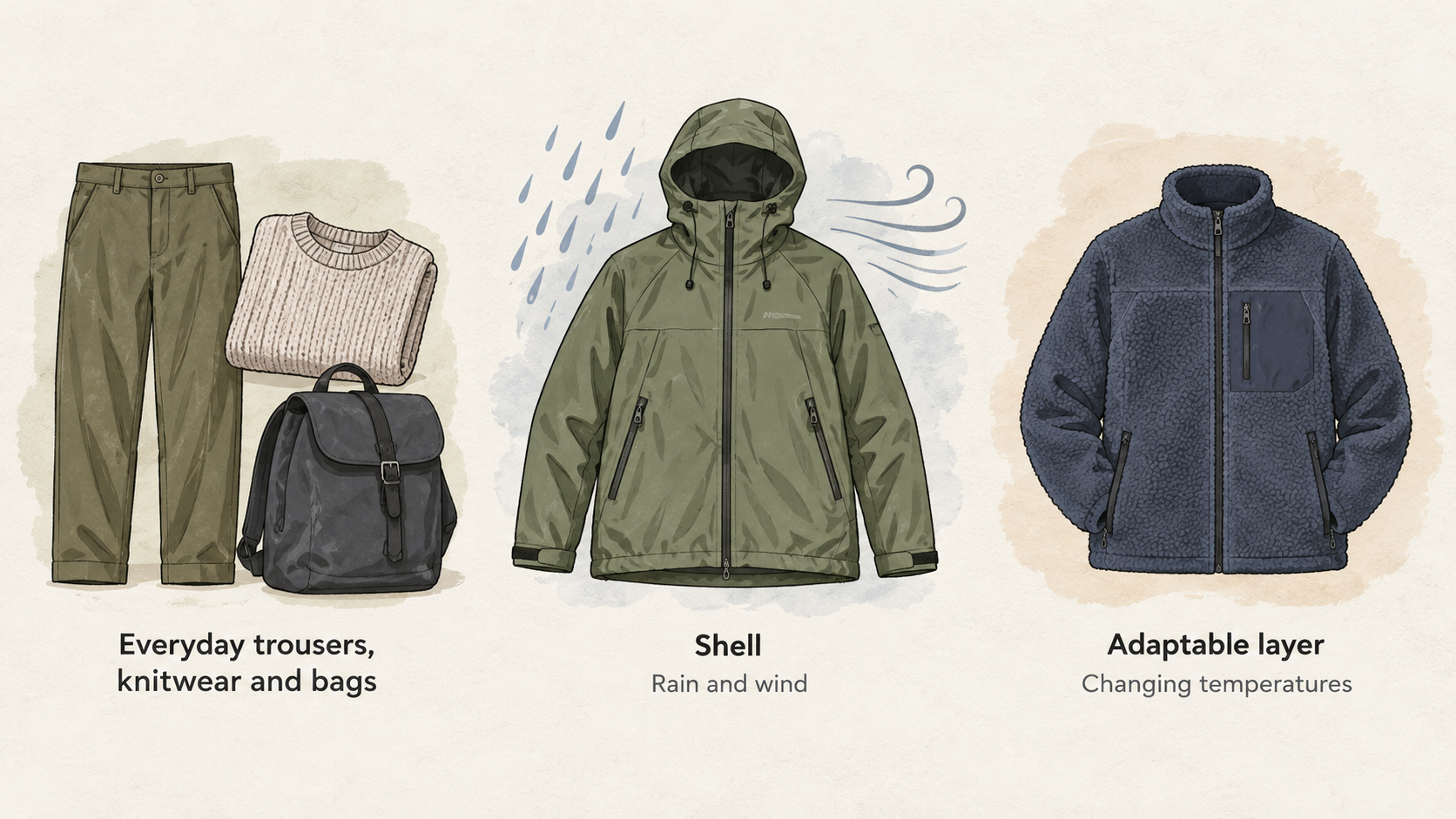 Show the section’s three useful categories in one row of labeled icons: shell for rain and wind, adaptable layer for changing temperatures, and trail-inspired shoe with the stated