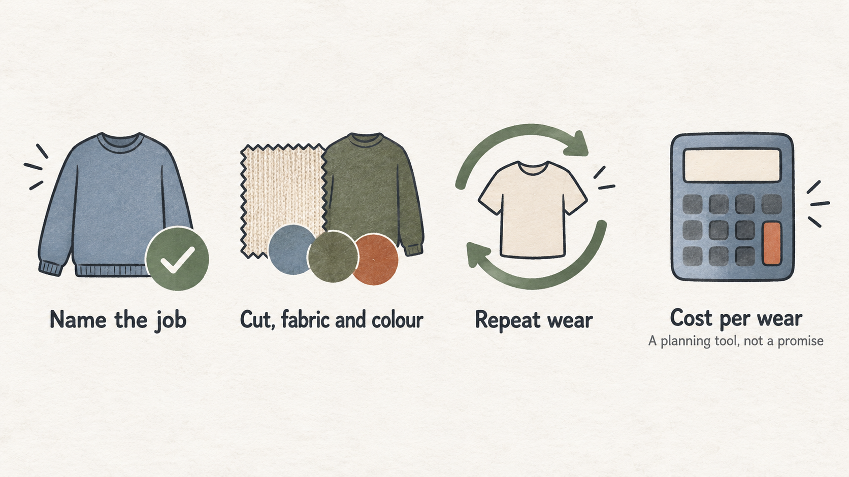 Show one row of three icons labelled “outfits you already own,” “normal week,” and “cleaning, repairs or an exchange.”