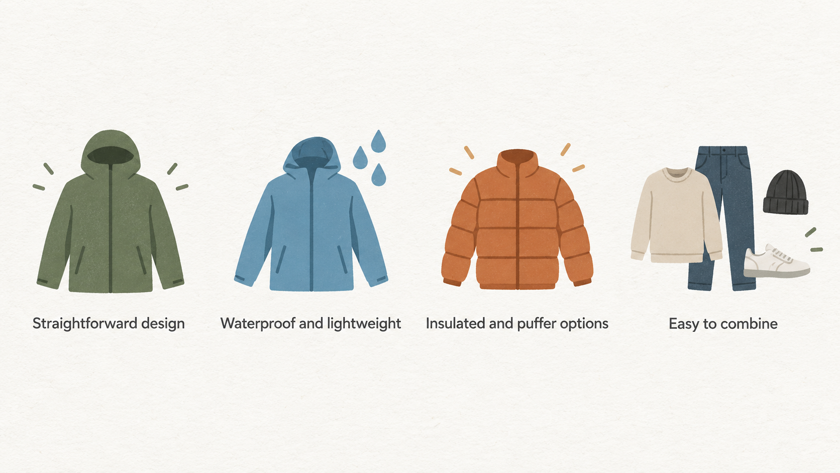 Show one row of four section-stated considerations: “waterproof,” “lightweight,” “insulatedpuffer,” and “fit and layering.”