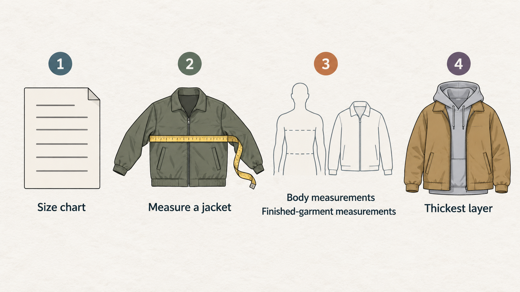 Show five jacket measurement, layering, movement, and return checks stated in the section.