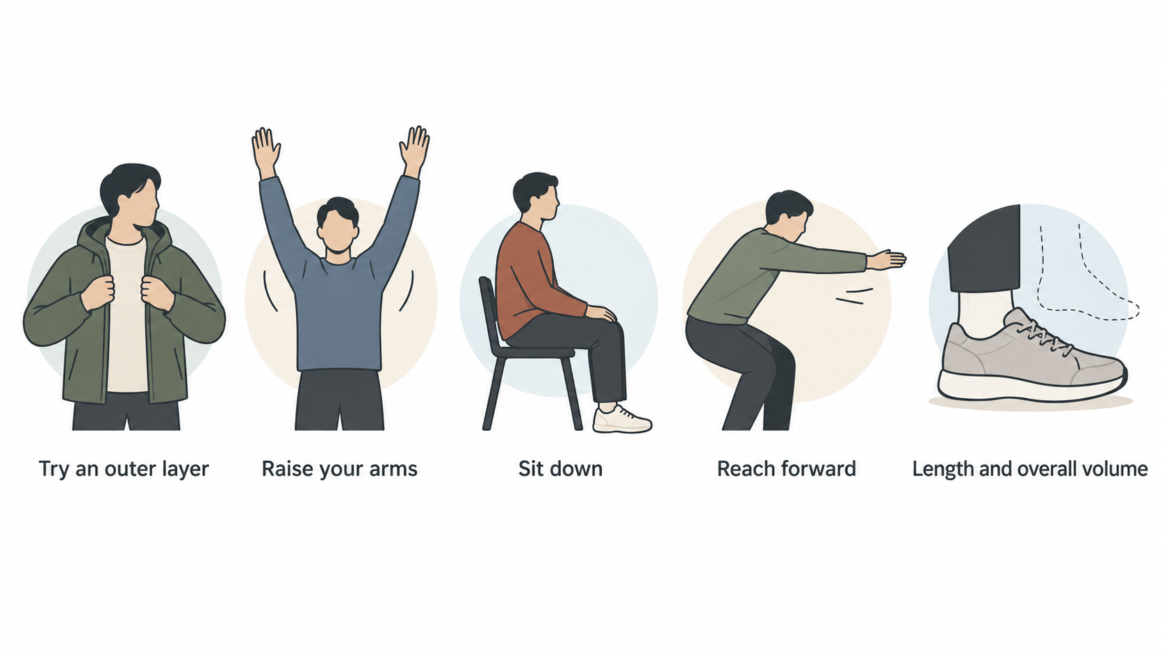 Show one row of three icons labeled “Raise your arms,” “Sit down,” and “Reach forward.”