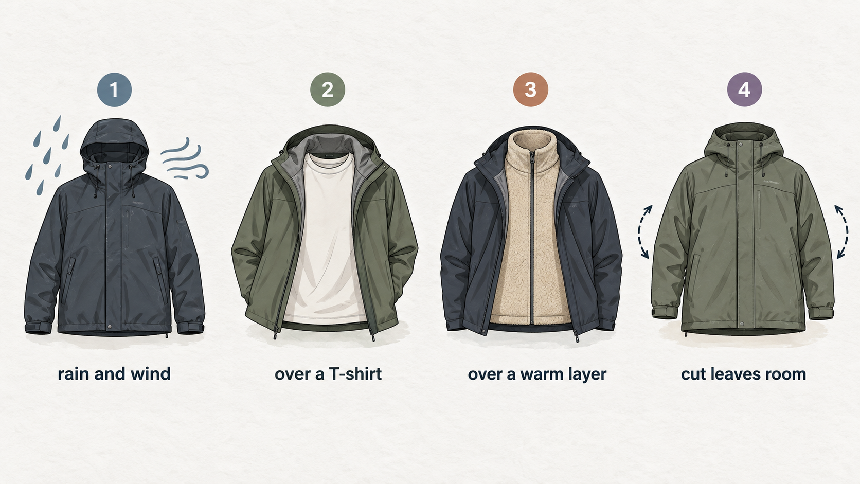 Show one numbered checklist of the section’s five jacket selection and fit checks: outer-layer purpose, room for a warm layer, hood and other details, composition and care label,