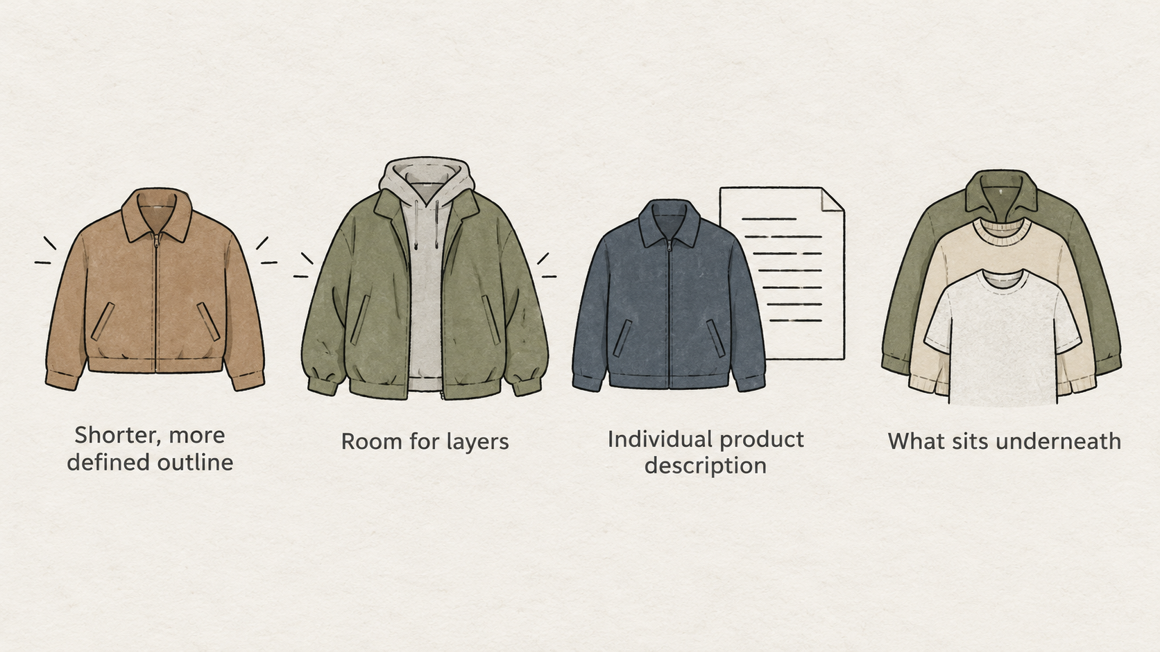 Show a single numbered checklist of the section’s stated fit steps: plan fit around layers; check the individual product’s sizing guidance; compare its material details; choose a