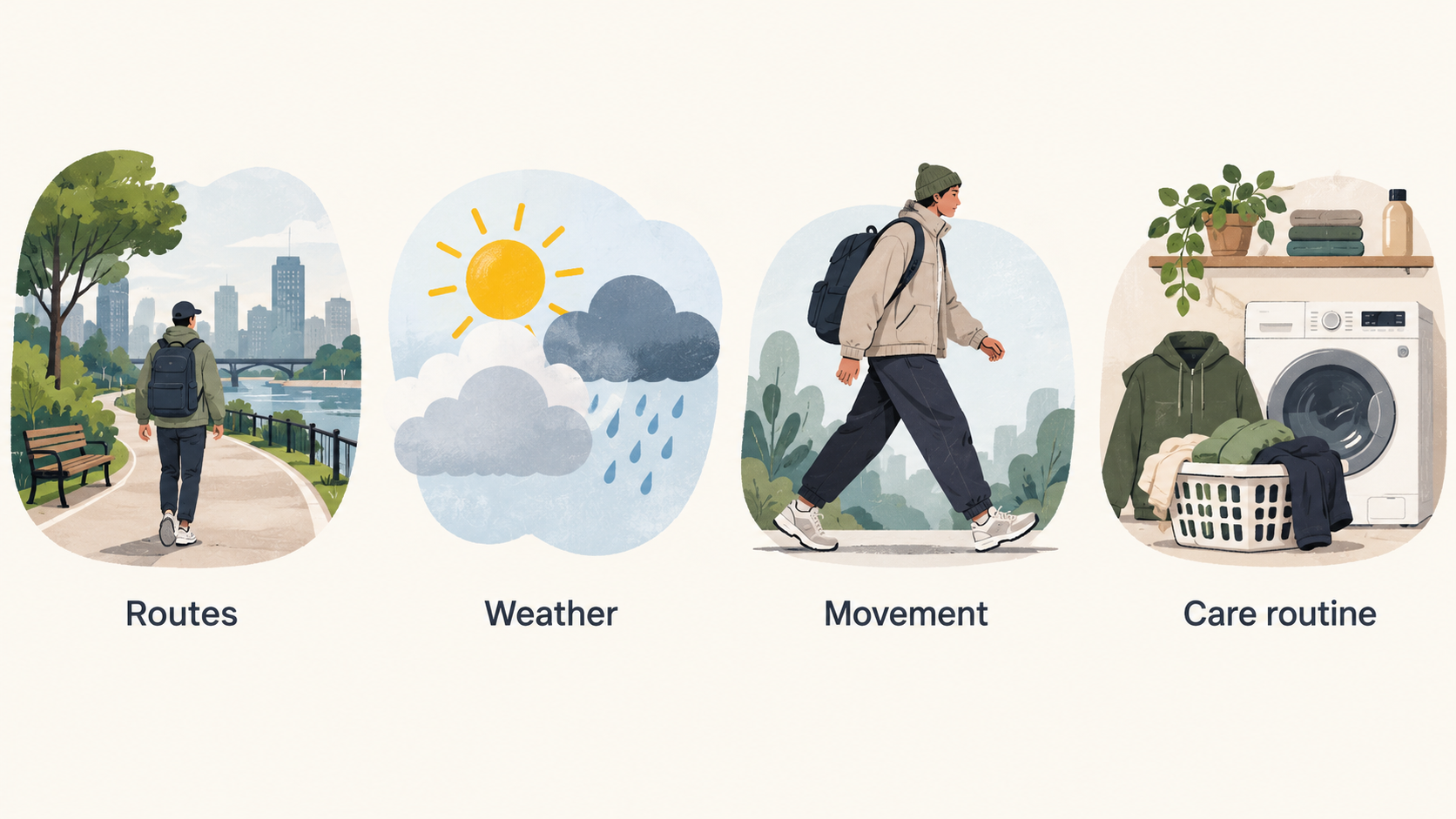 Set the guide’s everyday-use context by showing streetwear, a technical layer and trail-inspired footwear on a route that includes city pavement and a softer path.