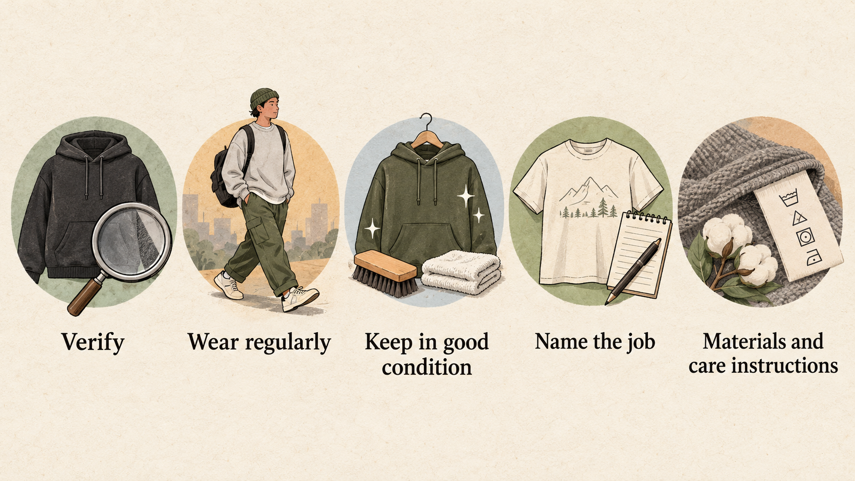 Show one row of three icons labelled “verify the item,” “wear regularly,” and “keep in good condition.”